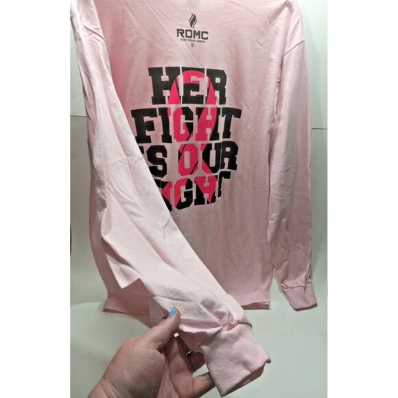 Breast Cancer Tee Shirt Long Sleeve Size Large Her Fight Is Our Fight Pink - Picture 5 of 5